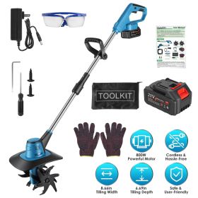 800W 21V Cordless Tiller Cultivator 3.0Ah Battery Powered Tiller with 8.66" Width 6.69" Depth Manganese Steel Tines for Soil Cultivation Weeding