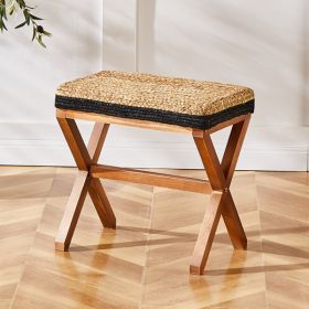Ottoman Footstool Natural Seagrass Footrest Pouf Ottomans with X Wooden Legs Rectangular Hand Weaving Foot Rest for Living Room Patio Balcony 17 (Color: as picture)